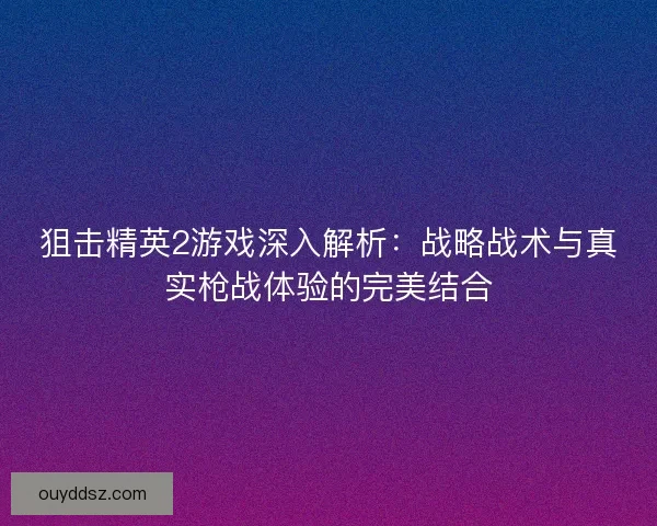 狙击精英2游戏深入解析：战略战术与真实枪战体验的完美结合